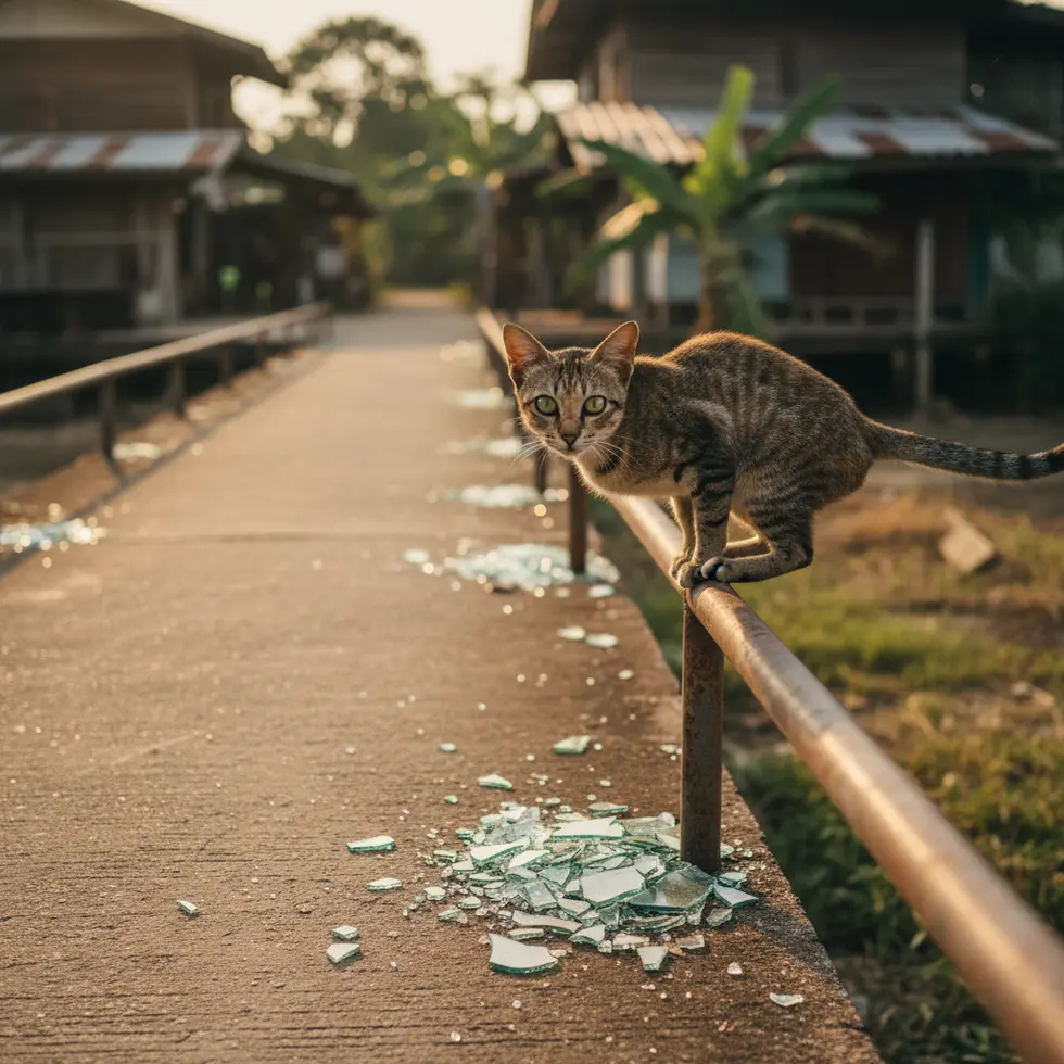 Ein staubiger Gehweg in Thailand mit verstreuten Glasscherben und einer neugierigen, streunenden Katze am Geländer bei warmem Tageslicht