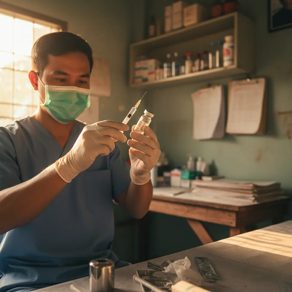 Detailaufnahme eines Arztes, der in einer thailändischen Klinik eine Spritze vorbereitet, warmes Licht, authentische Umgebung