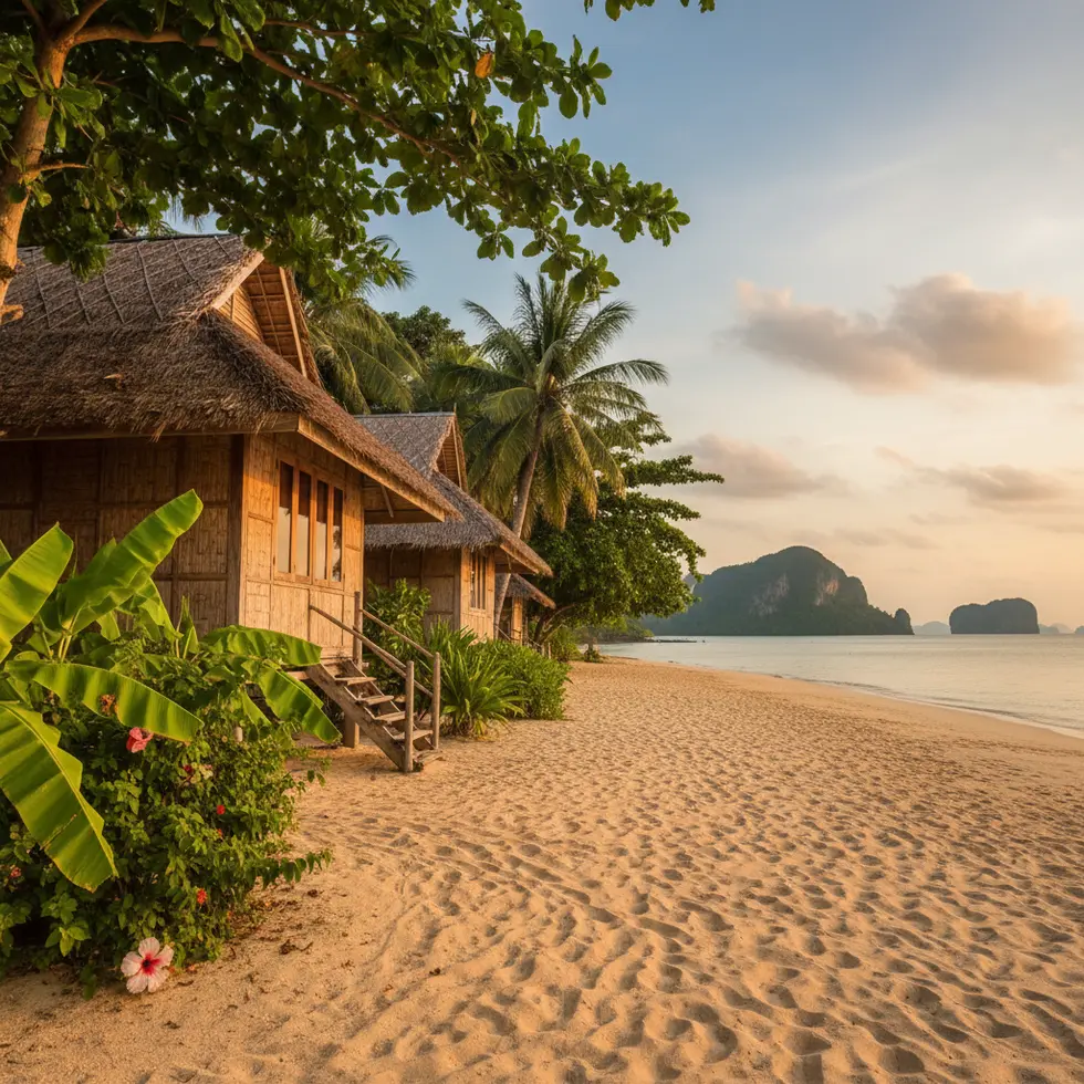 Ein ruhiger Strandabschnitt mit Holzhäusern, umgeben von tropischen Pflanzen, im sanften Abendlicht