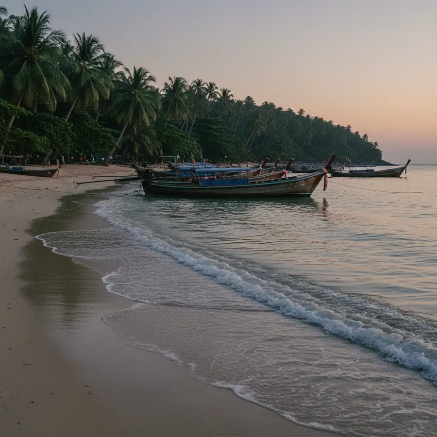 Abseits vom Trubel auf den Koh Yao Inseln in Thailand, ruhiger Strand bei Dämmerung