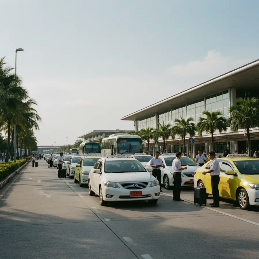 Ankunft am Phuket Airport: Echte Tipps für den Transfer zum Hotel ohne Stress - Photo Ankunft am Phuket Airport: Taxis und Shuttlebusse im Straßenverkehr vor dem Flughafen