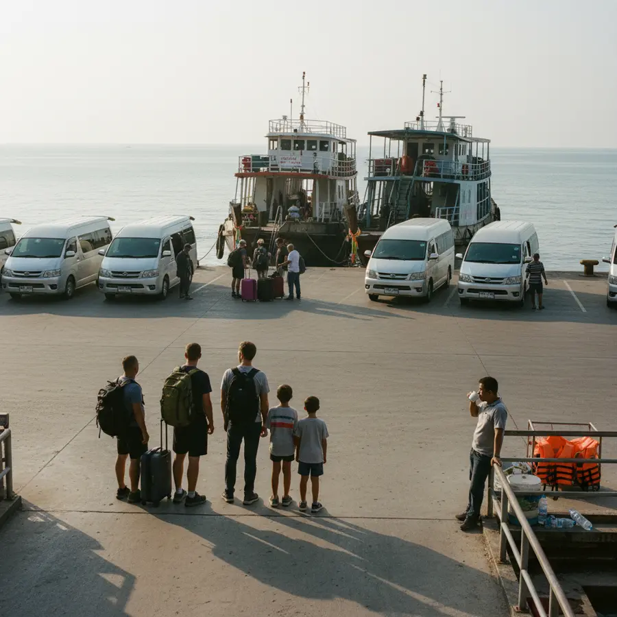 Anreise nach Koh Lanta ab Krabi: Dauer und Preise für Taxi oder Fähre - Photo Anreise nach Koh Lanta ab Krabi am Fährterminal mit wartenden Reisenden