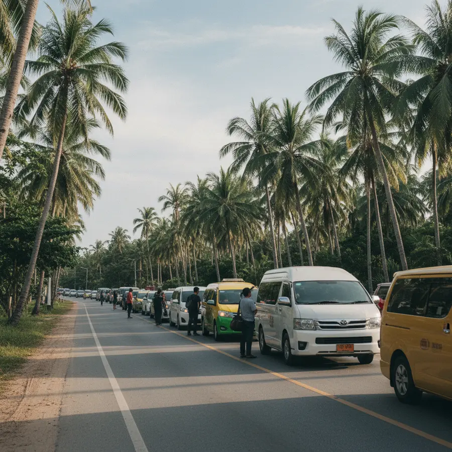 Anreise nach Koh Lanta ab Krabi: Dauer und Preise für Taxi oder Fähre - Photo Anreise nach Koh Lanta ab Krabi: Stau auf thailändischer Landstraße mit Taxis