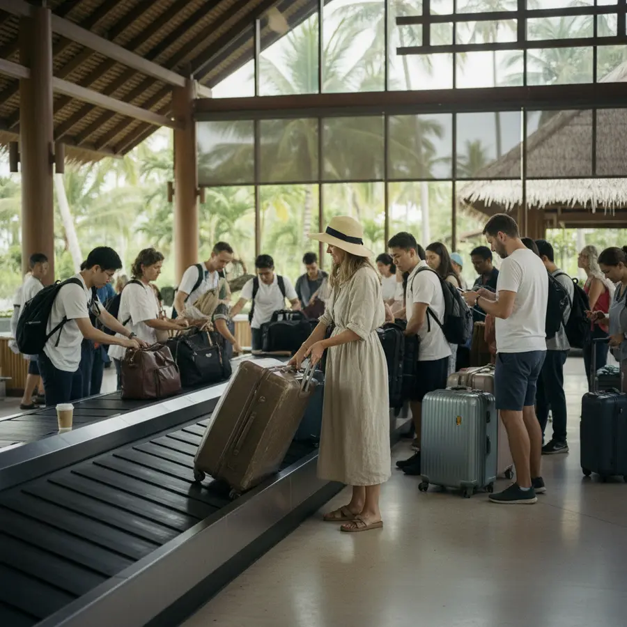 Reisende am Gepäckband am Flughafen Koh Samui bei der Ankunft