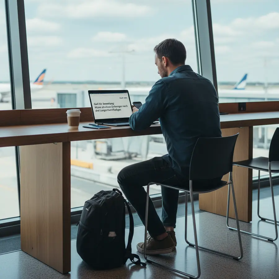 Gulf Air Bewertung: Reisender überprüft Tickets und Gepäck am Flughafen