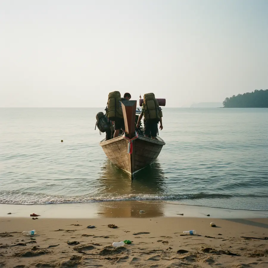 Koh Samet: Ein ehrlicher Blick auf die Insel jenseits der Hauptstrände - Photo Koh Samet: Rucksackreisende im Morgengrauen auf Holzboot am ruhigen Meer