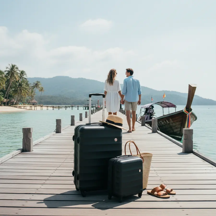 Koh Samui Urlaub: Gepäck am Bootsanleger bei sonnigem Tropenwetter