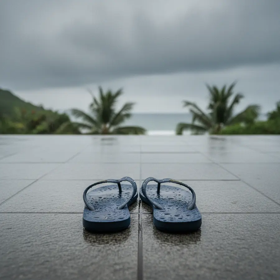 Koh Tao Wetter: Meine persönlichen Eindrücke abseits der Wetter-Apps - Photo Koh Tao Wetter: Feuchte Flip-Flops auf nasser Steinterrasse unter Wolken