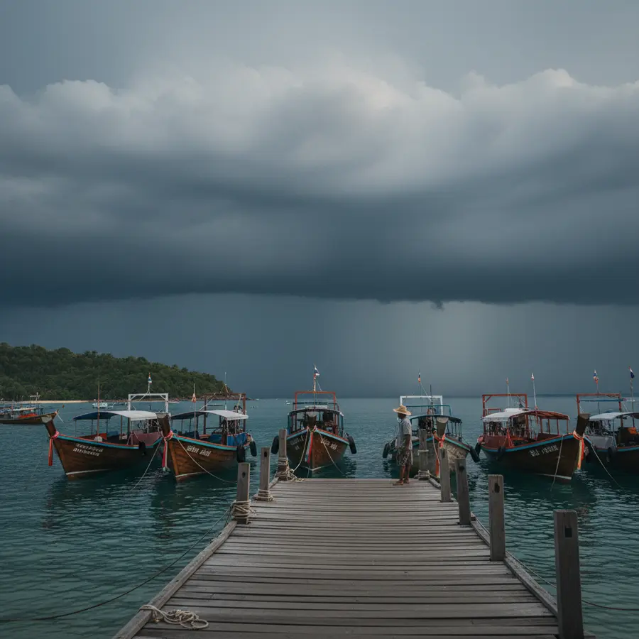 Koh Tao Wetter: Meine persönlichen Eindrücke abseits der Wetter-Apps - Photo Koh Tao Wetter: Hafen mit Tauchbooten und dunkler Gewitterfront am Nachmittag