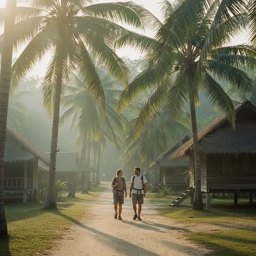 Koh Yao Yai Island Thailand: Reisende entspannt zwischen Kokospalmen und Bungalows
