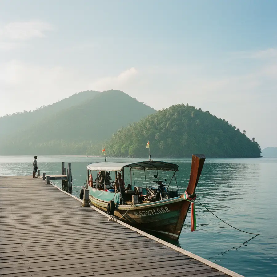 Koh Yao Yai oder Koh Yao Noi: Blick auf tropische Insel mit Fähre morgens