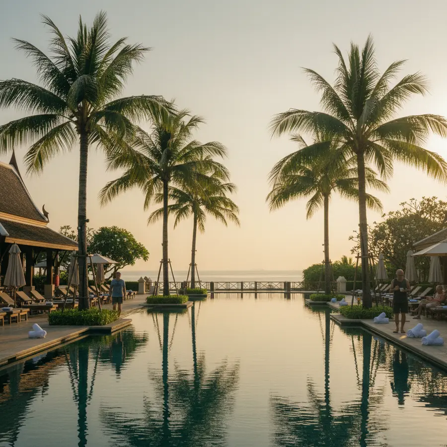 Mein Aufenthalt im Santhiya Koh Phangan: Was das Hotel wirklich zu bieten hat - Photo Mein Aufenthalt im Santhiya Koh Phangan: Pool im Sonnenaufgang mit Palmen