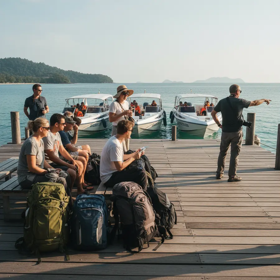 Wartende Reisende am Hafen bei Koh Phayam, Transfer von Ranong reibungslos.