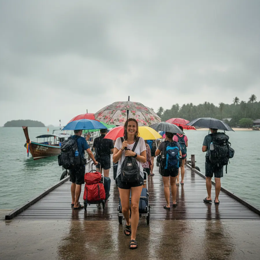 Durchnässte Reisende am Hafen, Koh Phayam Transfer bei Regen, Südostasien-Stimmung