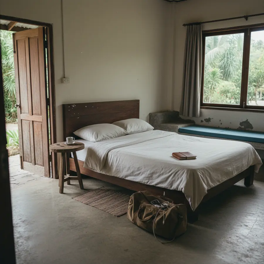 Panviman Resort Koh Phangan: Meine Erfahrungen nach einer Woche vor Ort - Photo Panviman Resort Koh Phangan: Resort-Zimmer mit offener Tür und Abnutzung