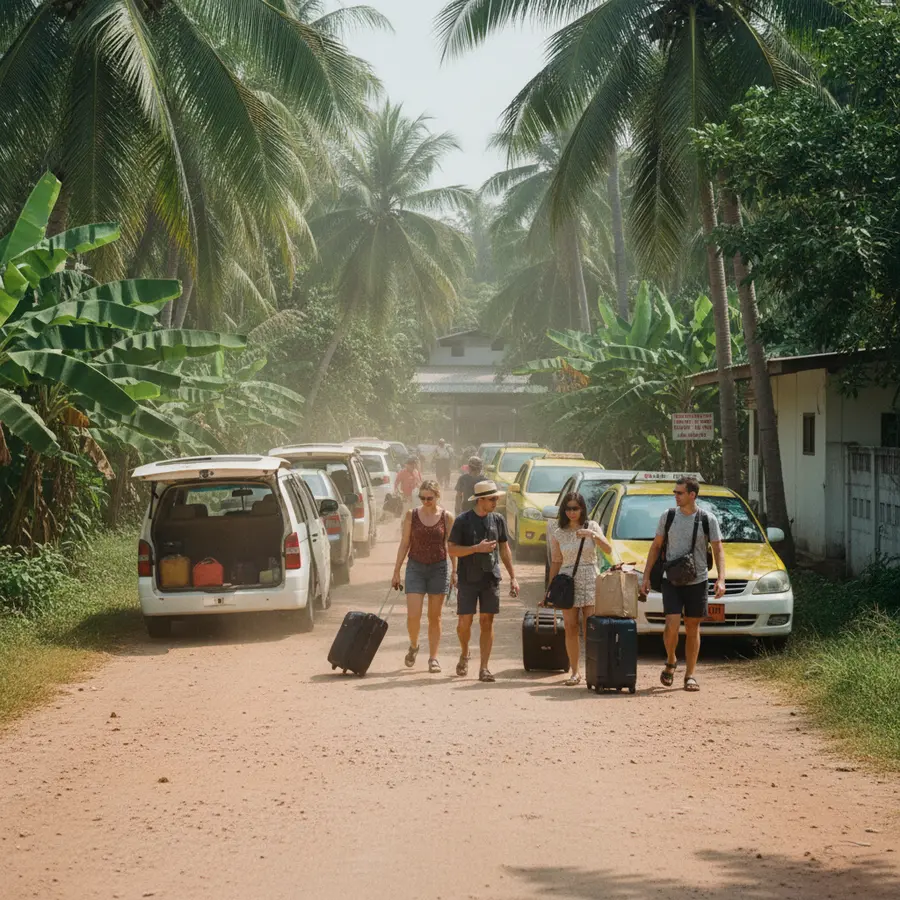 Samui Airport Thailand: Unterwegs vom Flughafen zum Hotel im Selbsttest - Photo Samui Airport Thailand: Straße mit Taxis, Minivans und tropischer Vegetation