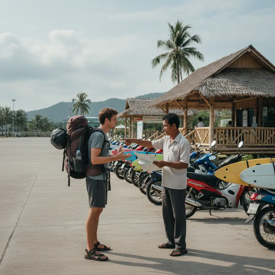 Samui Airport Thailand: Unterwegs vom Flughafen zum Hotel im Selbsttest - Photo Samui Airport Thailand: Tourist diskutiert mit Taxifahrer vor bunten Rollern
