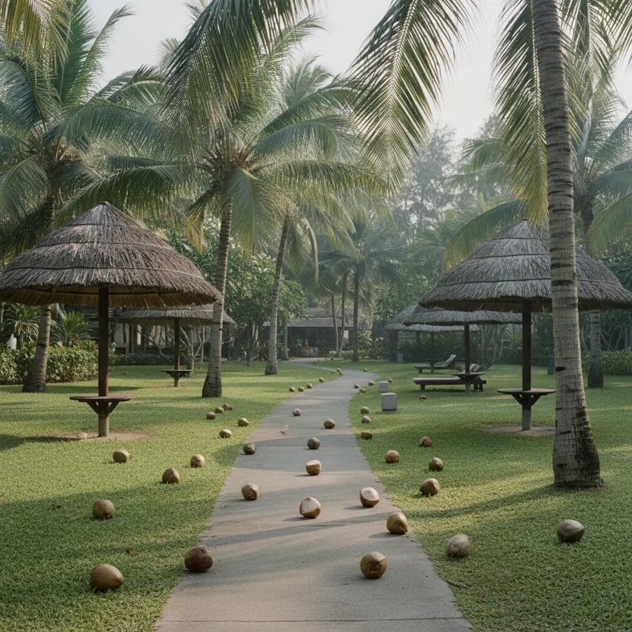 Saree Samui im Check: Was mich nach 5 Tagen vor Ort wirklich überrascht hat - Photo Saree Samui im Check: Tropischer Resort-Garten mit Kokosnüssen am Morgen