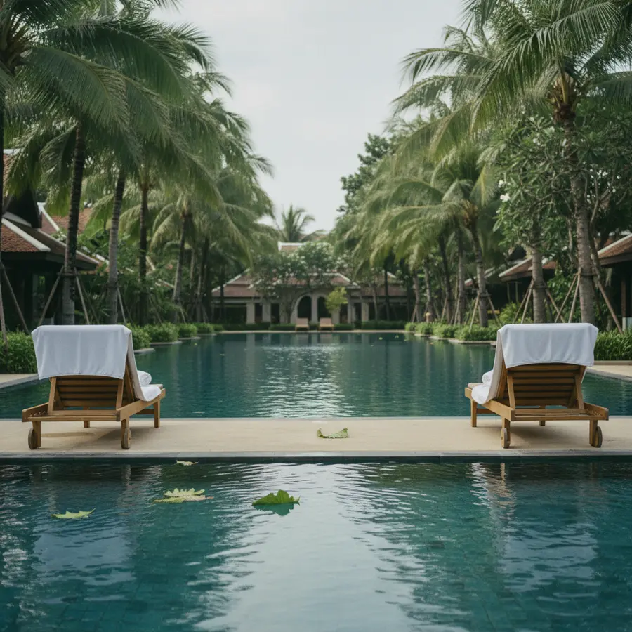 Saree Samui im Check: Was mich nach 5 Tagen vor Ort wirklich überrascht hat - Photo Saree Samui im Check: Leerer Pool mit Blättern an tropischem Morgen