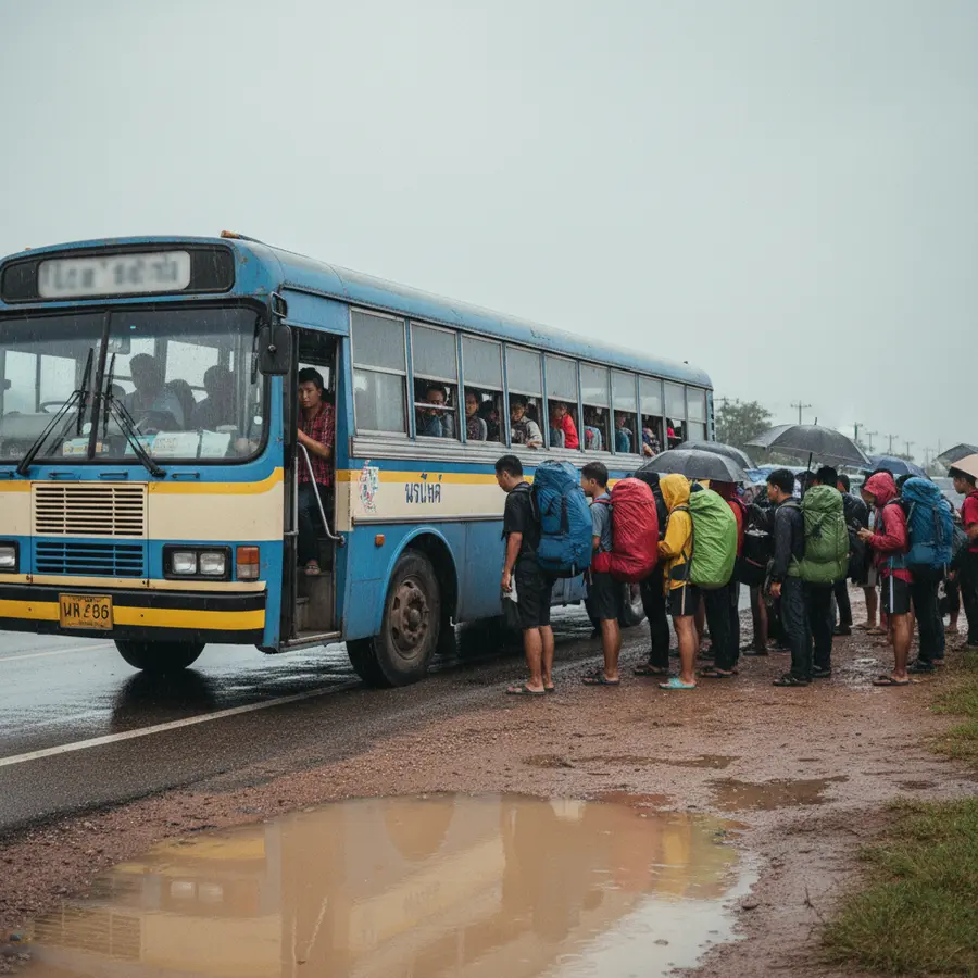 Surat Thani Flughafen: Meine Erfahrung beim Transfer zu den Inseln - Photo Surat Thani Flughafen: Überfüllter Bus und wartende Reisende im Regen
