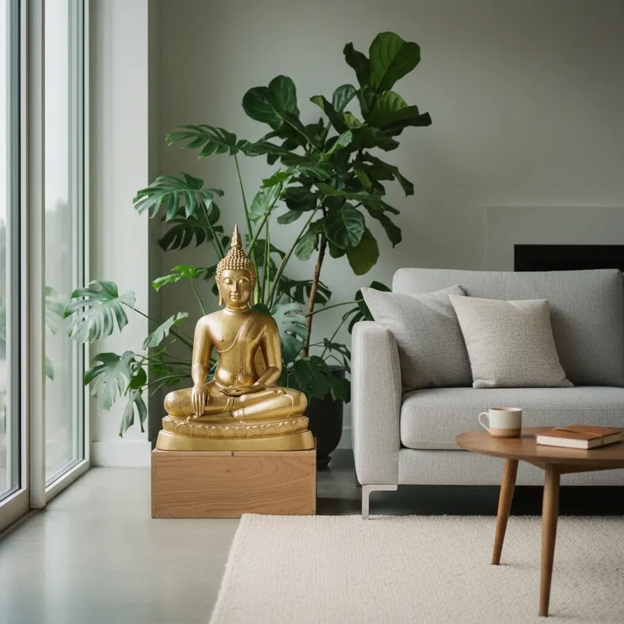 Thai Buddha Statue im Wohnzimmer: Meine persönlichen Erfahrungen zur Wirkung - Photo Thai Buddha Statue im Wohnzimmer zwischen Pflanzen und Sofa bei Tageslicht