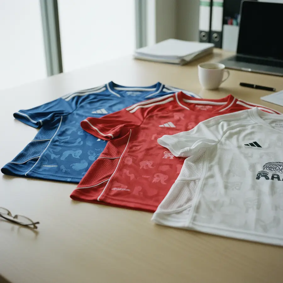 Thailand Trikot kaufen: Was ich beim Vergleich der Anbieter gelernt habe - Photo Thailand Trikot kaufen: Drei Fußballtrikots mit Fokus auf Stoff und Nähte