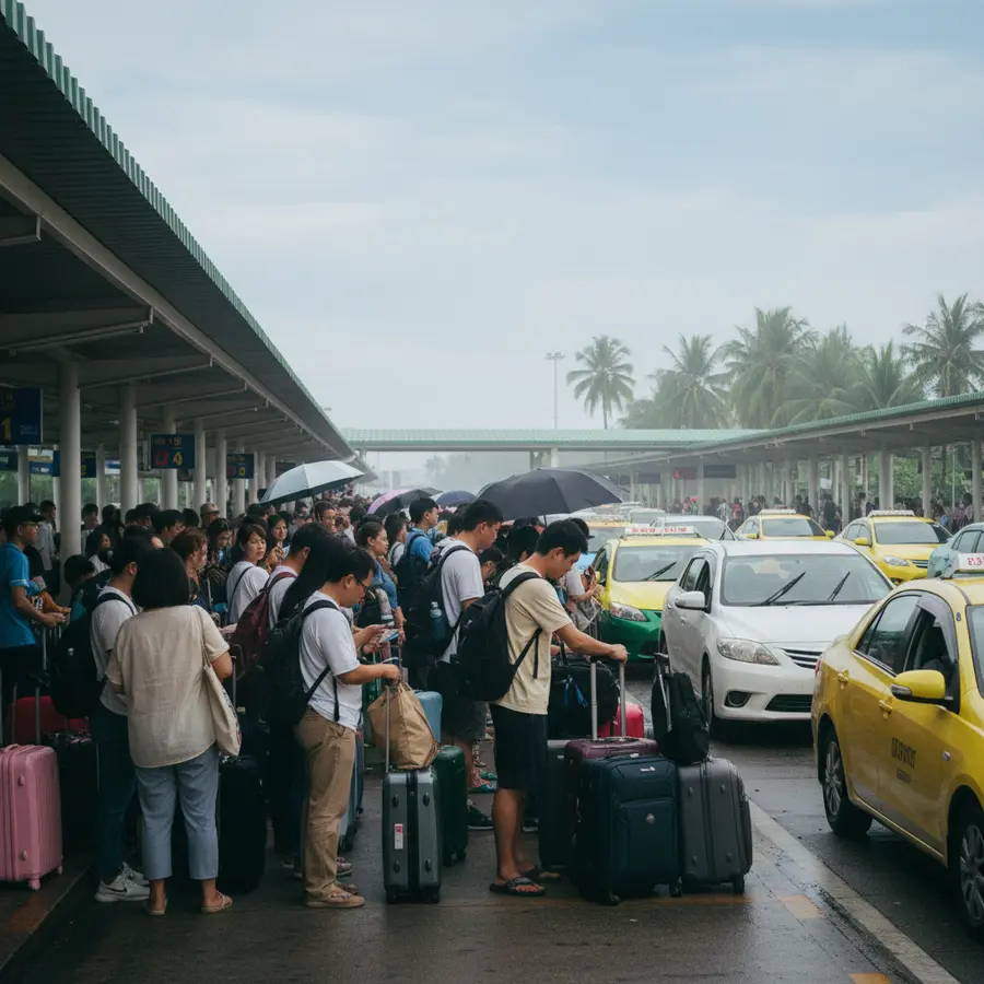 Transfer ab Phuket Flughafen: Was wirklich am schnellsten funktioniert - Photo Transfer ab Phuket Flughafen: Stau am Taxistand bei tropischer Umgebung morgens