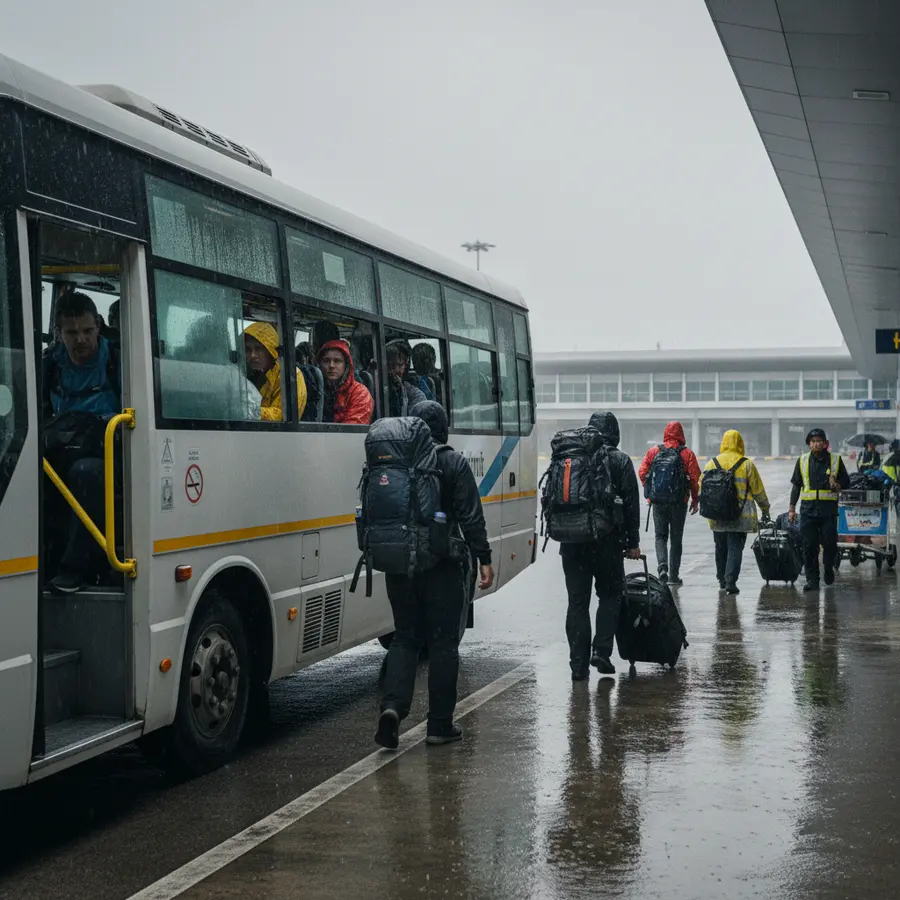 Transfer ab Phuket Flughafen: Was wirklich am schnellsten funktioniert - Photo Transfer ab Phuket Flughafen: Shuttlebus mit Reisenden im Regen am Flughafen