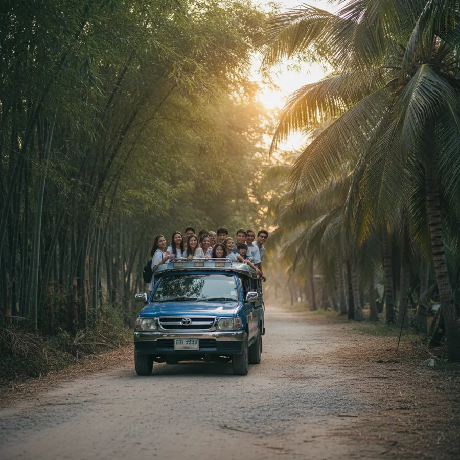 Thai Pick-up Taxi bei Samet Island, fröhliche Reisende im Sonnenuntergang