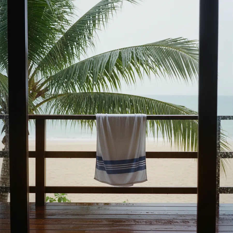 Ausblick vom Bungalow auf Regenschirmsammlung in Koh Samui im August