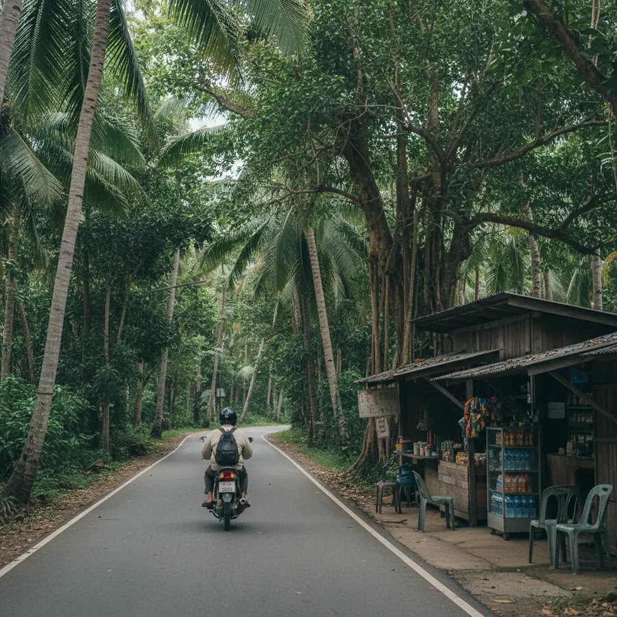 Warum mich Koh Yao Noi nach vier Tagen begeistert hat - Photo Koh Yao Noi: Mopedfahrer auf Inselstraße mit Dschungel und Snackladen