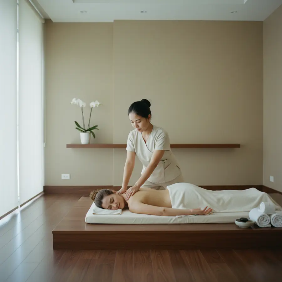 Warum Thai Massage anders ist: Ein persönlicher Erfahrungsbericht - Photo Modernes Thai Massage Studio mit entspannter Atmosphäre und professioneller Masseurin