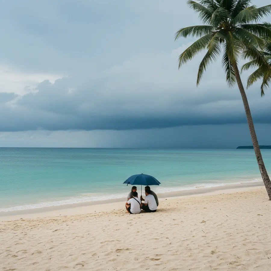 Wetter auf Koh Samui: Eigene Beobachtungen jenseits der Klimatabelle - Photo Wetter auf Koh Samui: Palmenstrand, dunkle Wolken, leichter Wind, Menschen unter Schirm