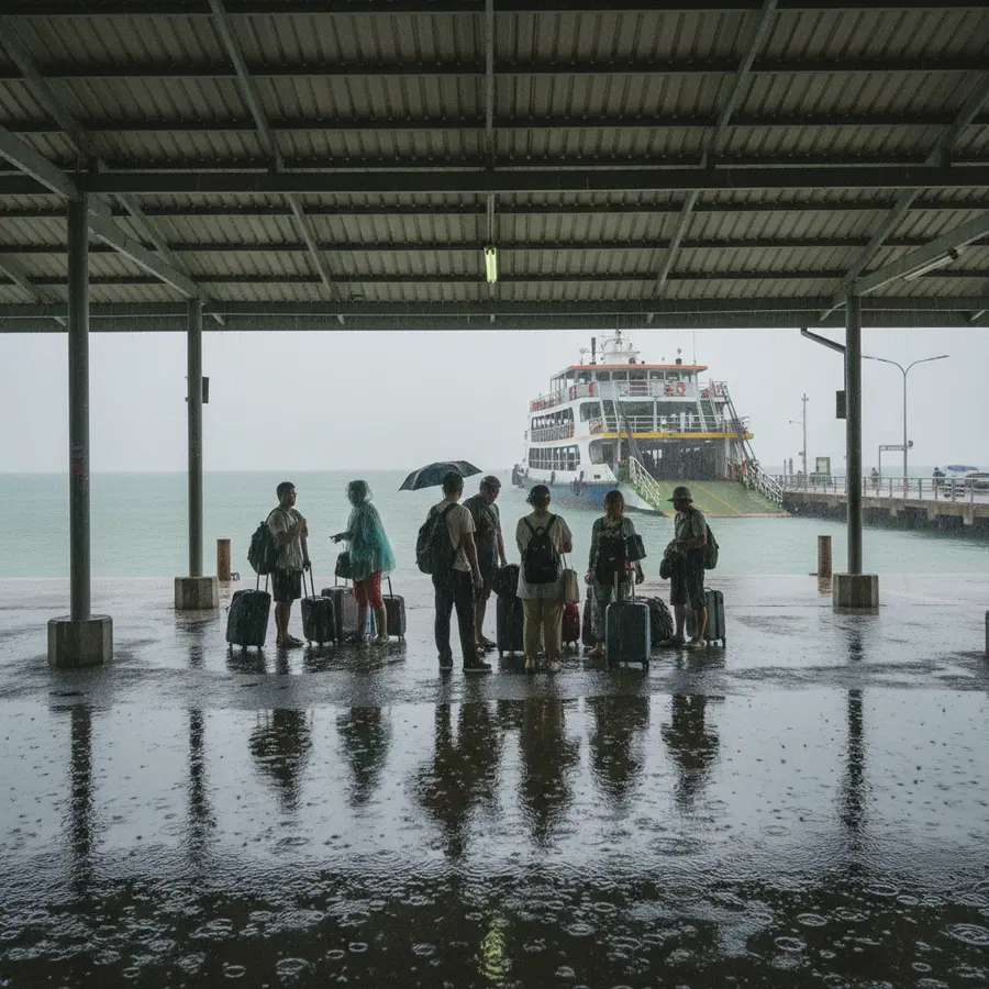 Wetter auf Koh Samui: Eigene Beobachtungen jenseits der Klimatabelle - Photo Wetter auf Koh Samui, Fähranleger bei Regen mit wartenden Menschen und Pfützen
