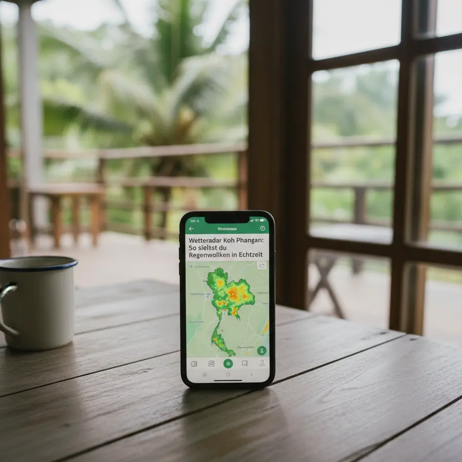 Wetterradar Koh Phangan auf Smartphone auf tropischer Terrasse in Echtzeit