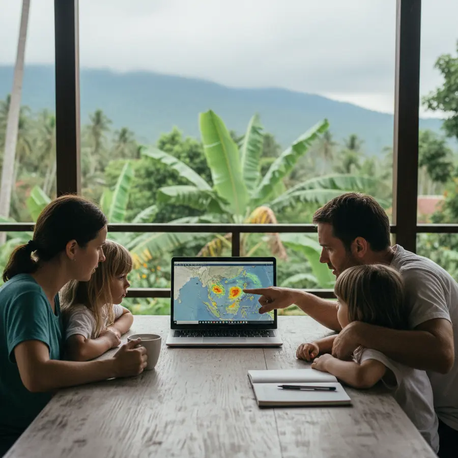 Eltern mit Kindern auf Terrasse nutzen Wetterradar Koh Phangan in tropischer Umgebung