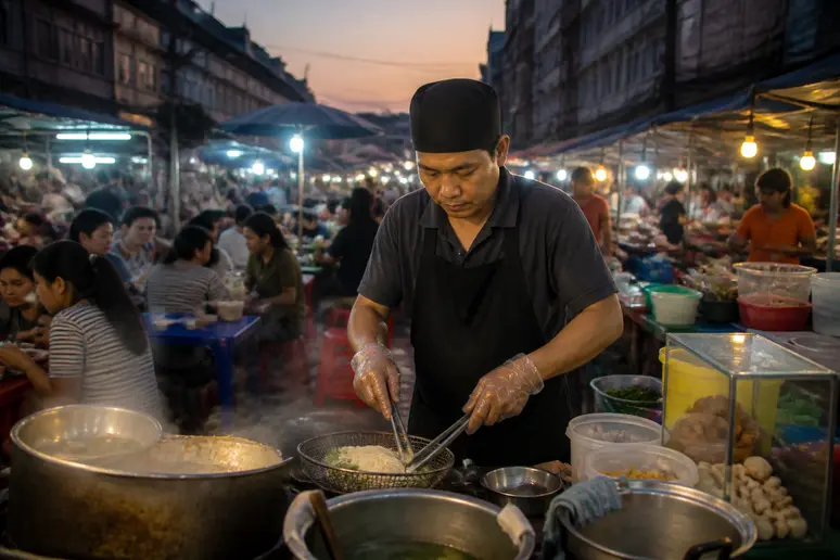 Ein Garküchenverkäufer in Bangkok bereitet Nudeln auf einem belebten Nachtmarkt zu, während Einheimische an Tischen sitzen und essen.
