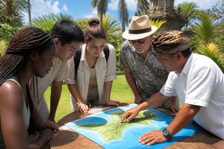 Besucher besprechen auf Bali mit einem einheimischen Guide die beste Reisezeit und die attraktivsten Orte für ihren Urlaub.