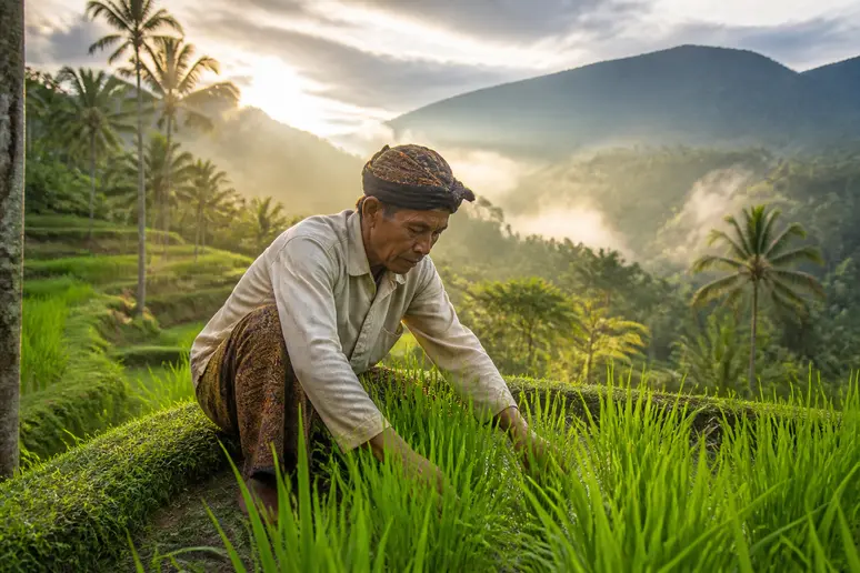 Bauer bearbeitet auf Bali eine üppige grüne Reisterrasse in den kühleren Bergregionen, die für höhere Niederschläge bekannt sind.