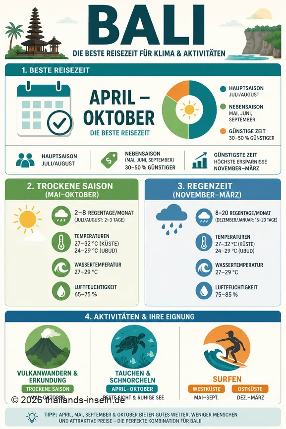 Infographie comparant les meilleures périodes pour voyager à Bali, avec des détails sur le climat, les températures et les activités selon la saison.