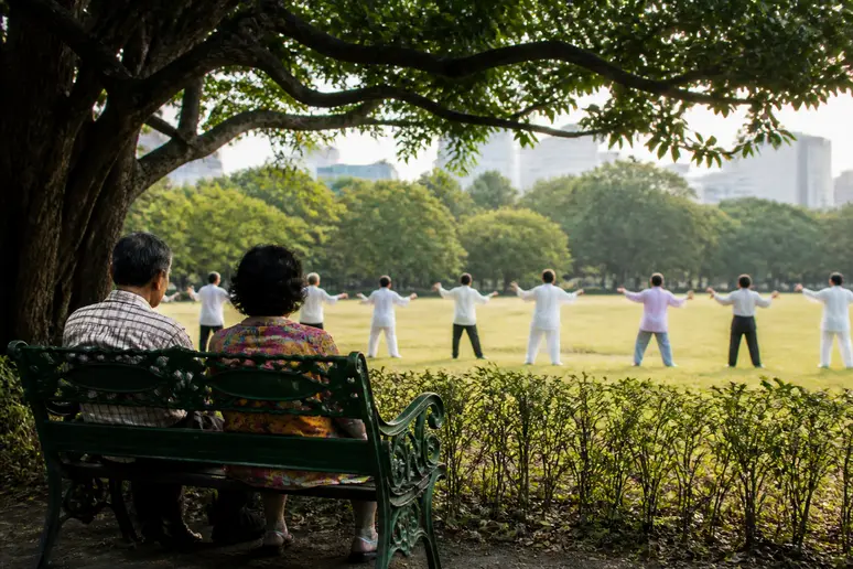 Ein älteres thailändisches Paar entspannt sich auf einer Parkbank im Lumphini Park in Bangkok und genießt die friedliche Atmosphäre.