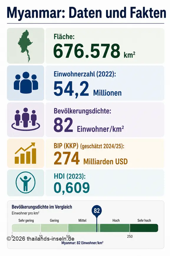 Infographie présentant les chiffres clés du Myanmar: superficie, population, densité, PIB et indice de développement humain.