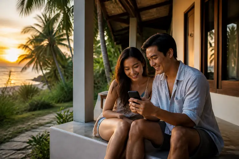 Junges thailändisches Paar prüft seine Buchungsbestätigung für eine Ferienwohnung auf Koh Phangan am Abend.