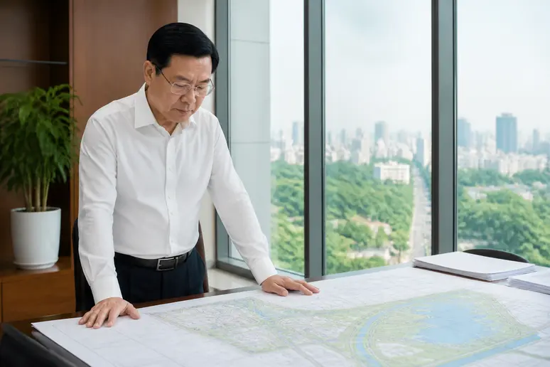 Offizieller im modernen Büro in Hanoi betrachtet Stadtpläne und unterstreicht Hanois Rolle als politisches Zentrum Vietnams und seine lange Geschichte als Hauptstadt des Landes.