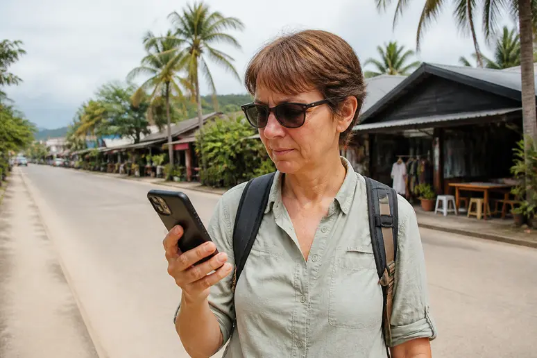 Eine deutsche Reisende navigiert mit einer Handy-App durch die Straßen von Khao Lak für ihre Urlaubsplanung.
