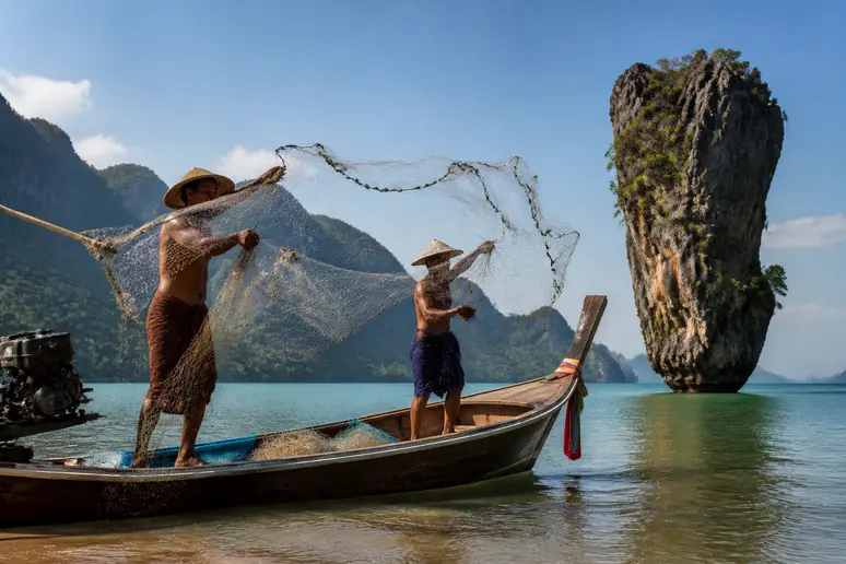 Thailändische Fischer werfen Netze von einem Boot aus mit dem berühmten James-Bond-Felsen im Hintergrund bei Sonnenuntergang.