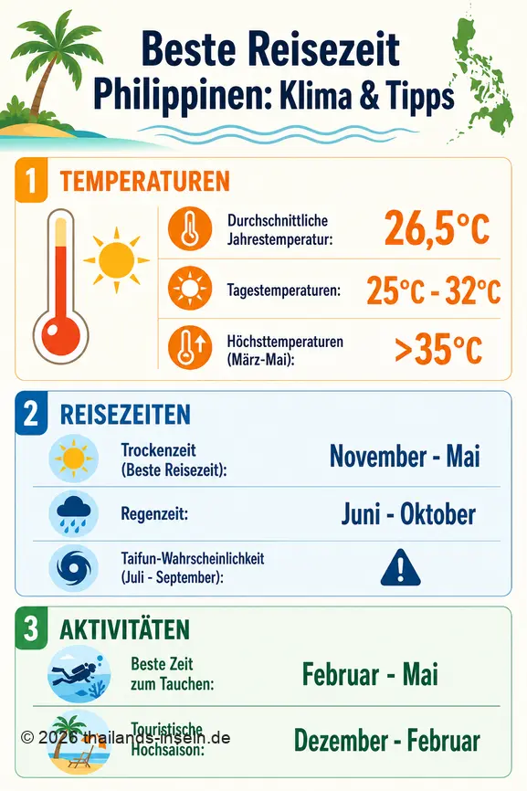 Infografik zur besten Reisezeit für die Philippinen mit Klimadaten, Temperaturen und Tipps für Aktivitäten.