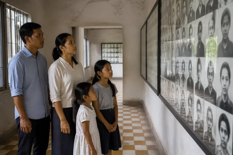 Eine kambodschanische Familie betrachtet nachdenklich die Exponate im Tuol Sleng Genozid Museum in Phnom Penh.