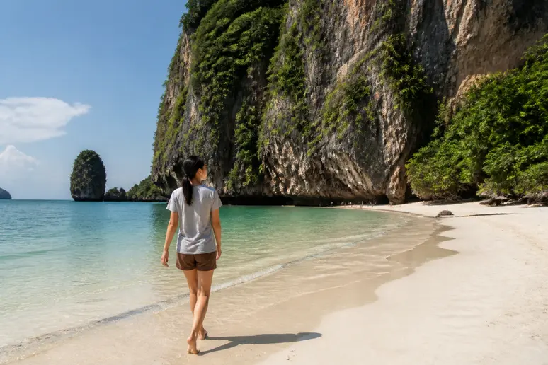 Eine junge Frau genießt die Schönheit des Phra Nang Beach in Rai Leh, Thailand, mit seinen weißen Sandstränden und majestätischen Kalksteinfelsen im Hintergrund.