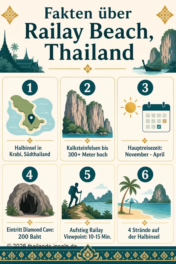 Infografik mit Schlüsselfakten zu Railay Beach, Thailand: Lage, Felsenhöhe, Reisezeit, Eintrittspreise und Strände.